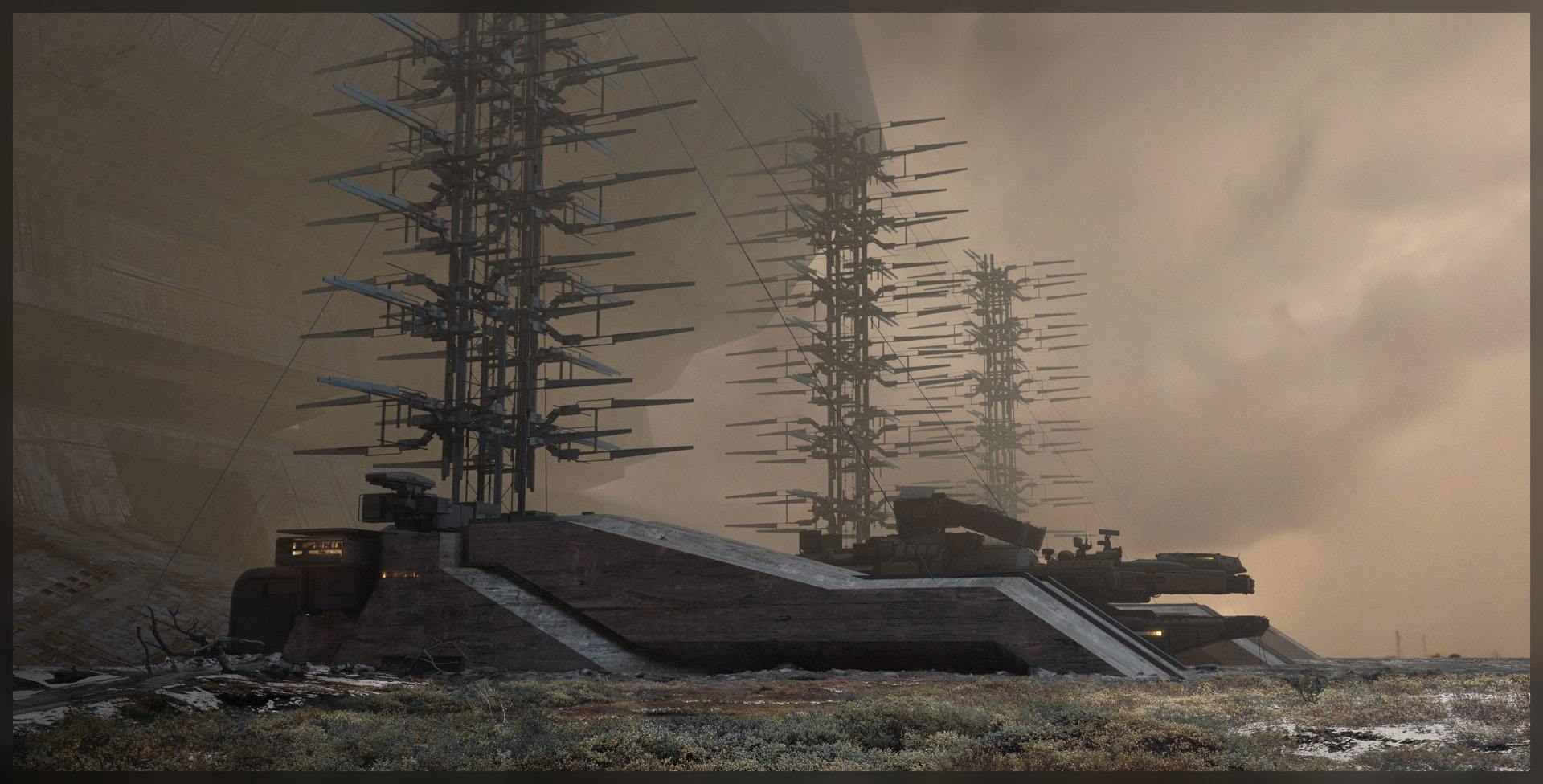 A sloped command post crowned with antenna arrays in a hazy orange dust storm