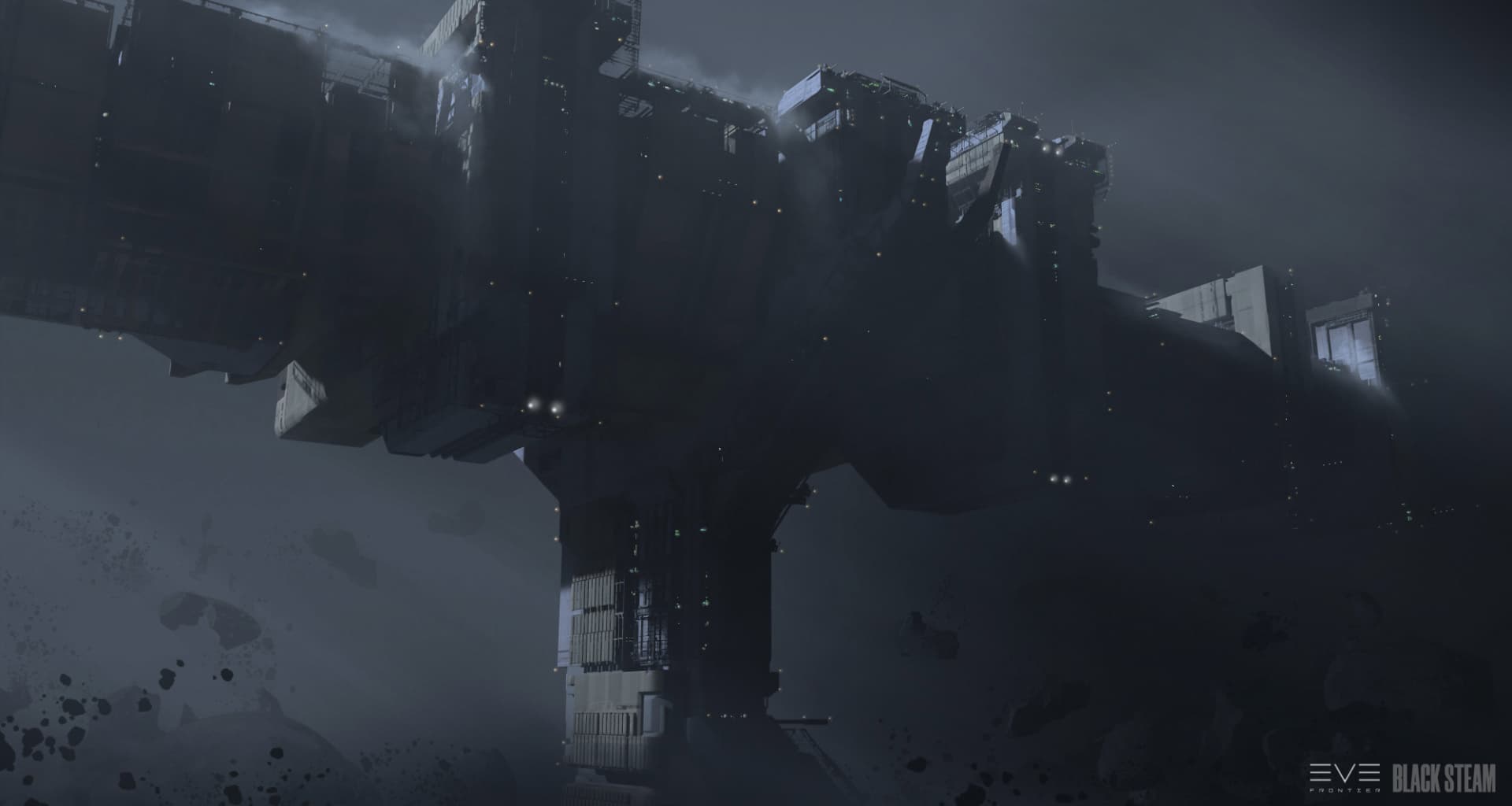 A colossal battleship emerging from a cool gray cloud of debris