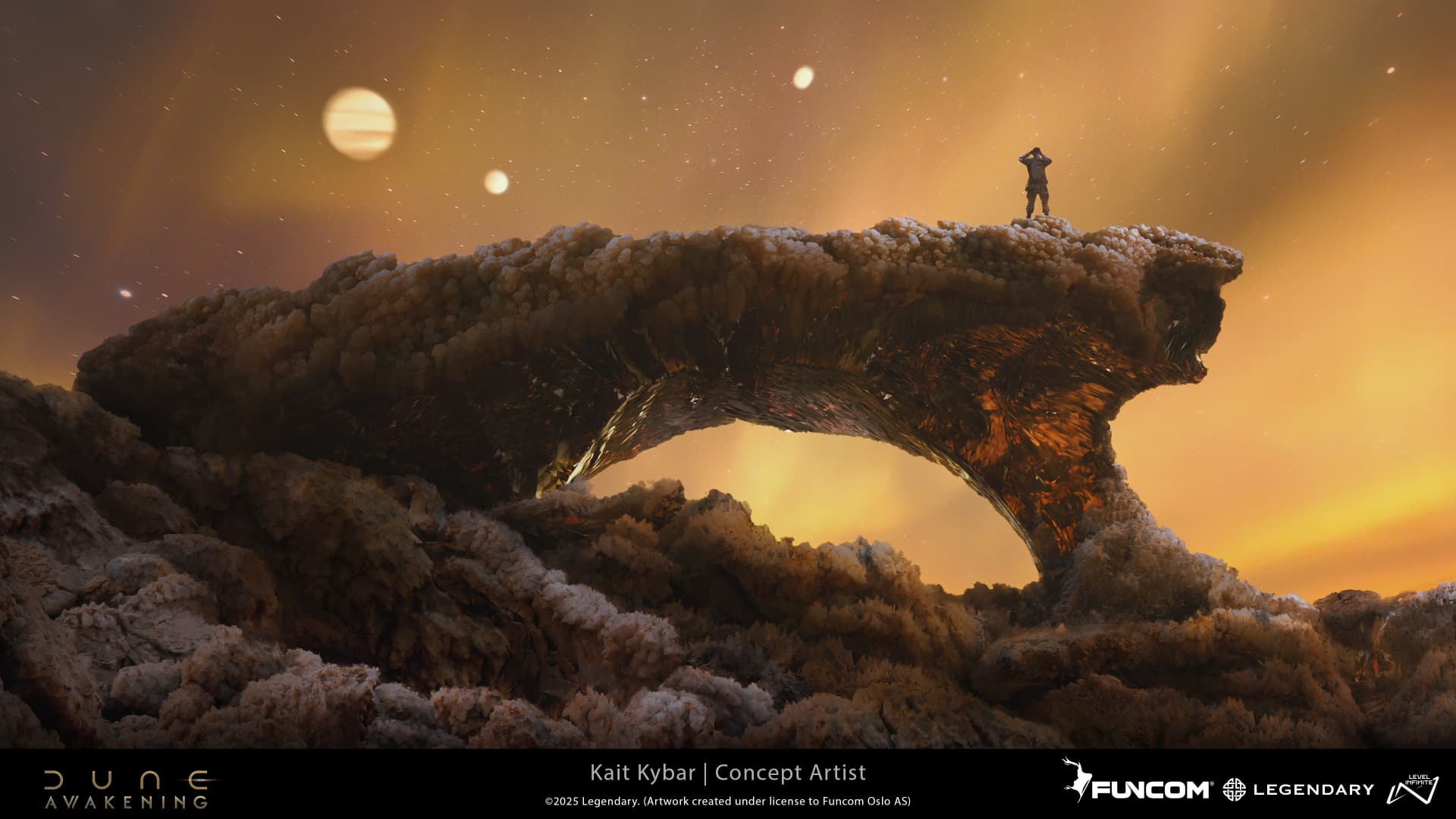 A lone figure atop a crystalline rock arch beneath a night sky with a banded gas giant and moons