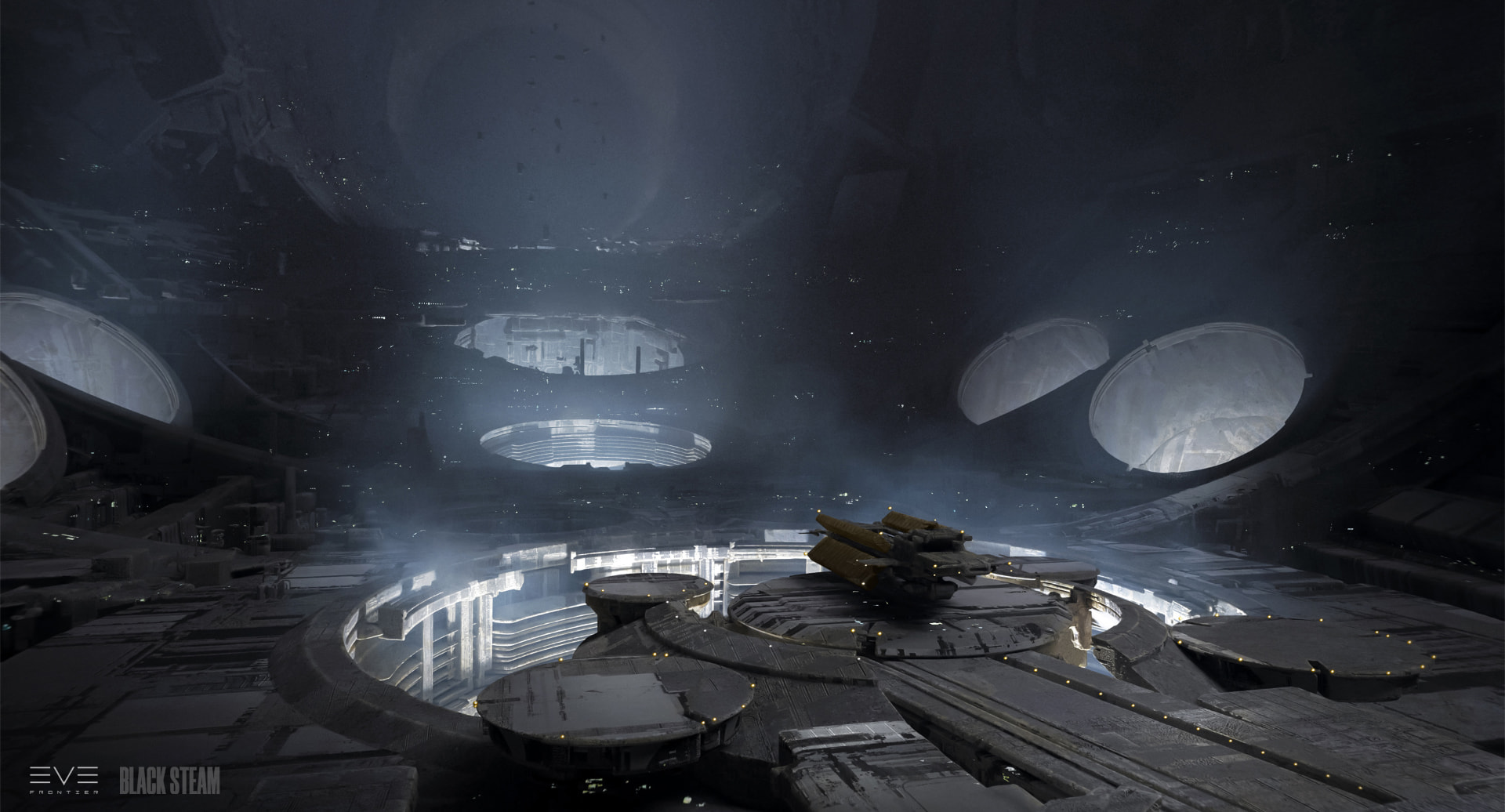 A vast darkened hangar cavern with circular wells and a docked cargo craft