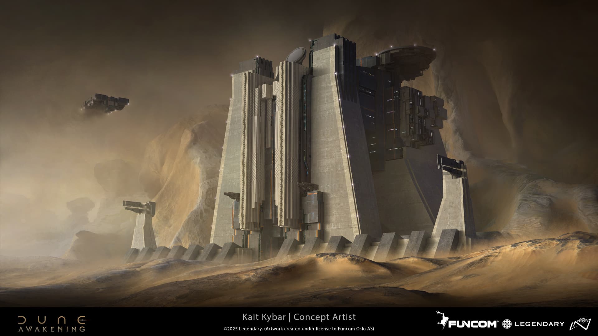 A towering sloped concrete fortress with defensive bastions as a boxy aircraft glides overhead