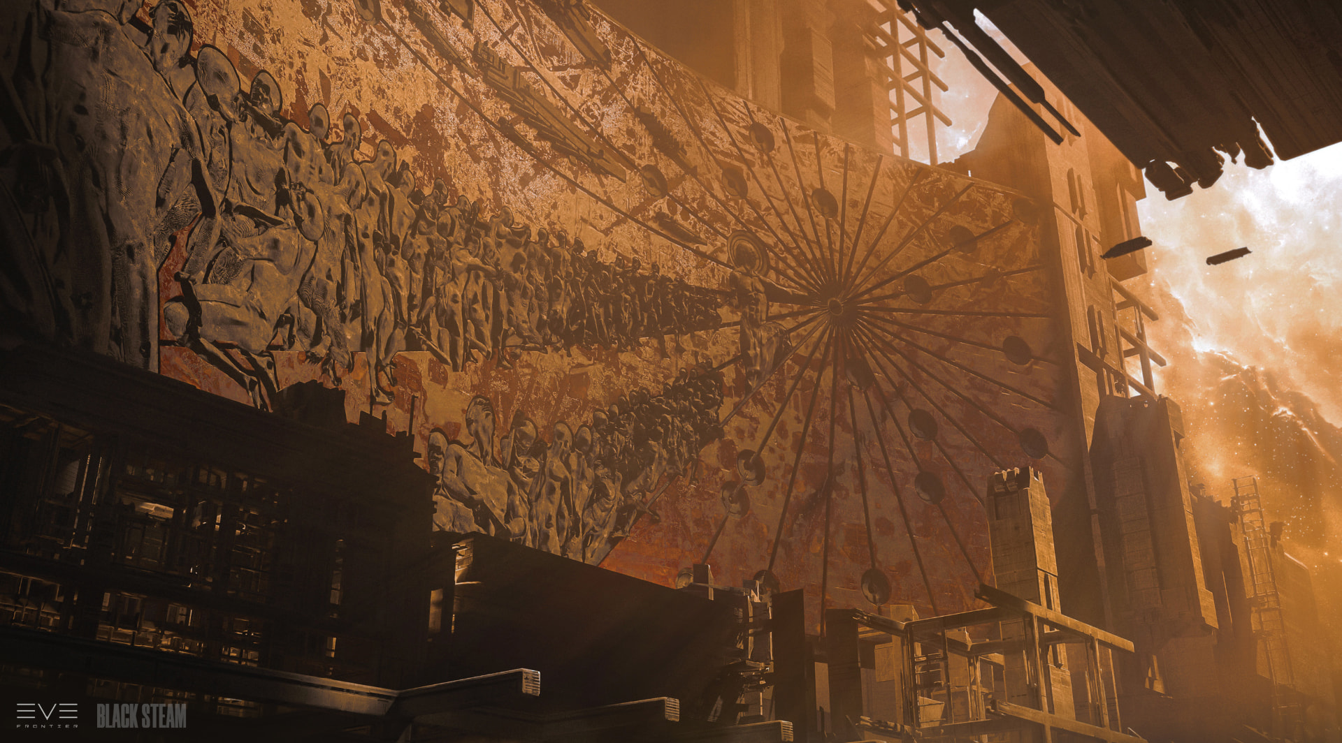 A vast carved mural of figures wrapping the curved wall of a ruined megastructure
