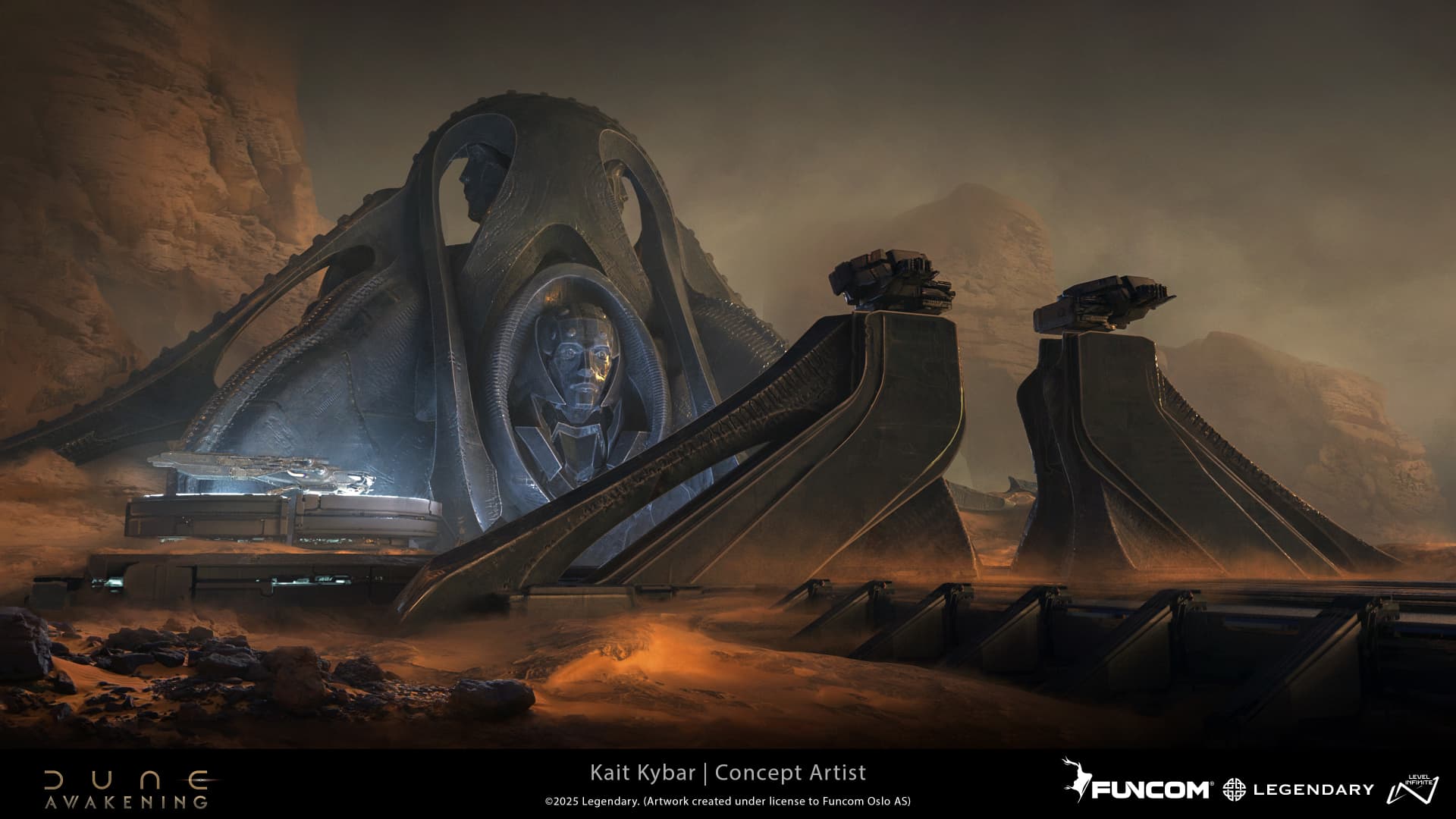 A dark metallic temple carved with colossal humanoid faces anchoring a glowing landing pad with a landed spacecraft