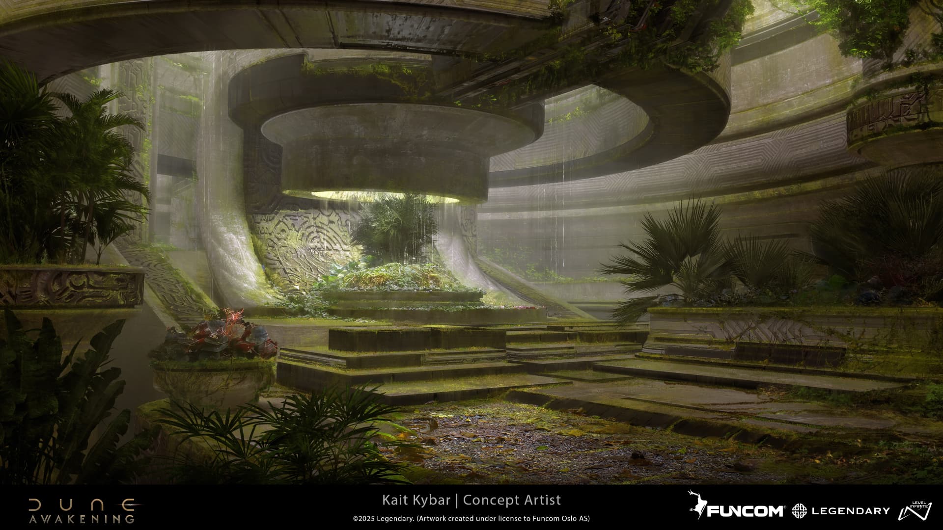 A mist-filled abandoned conservatory of tiered plazas and curving walkways overgrown with tropical plants