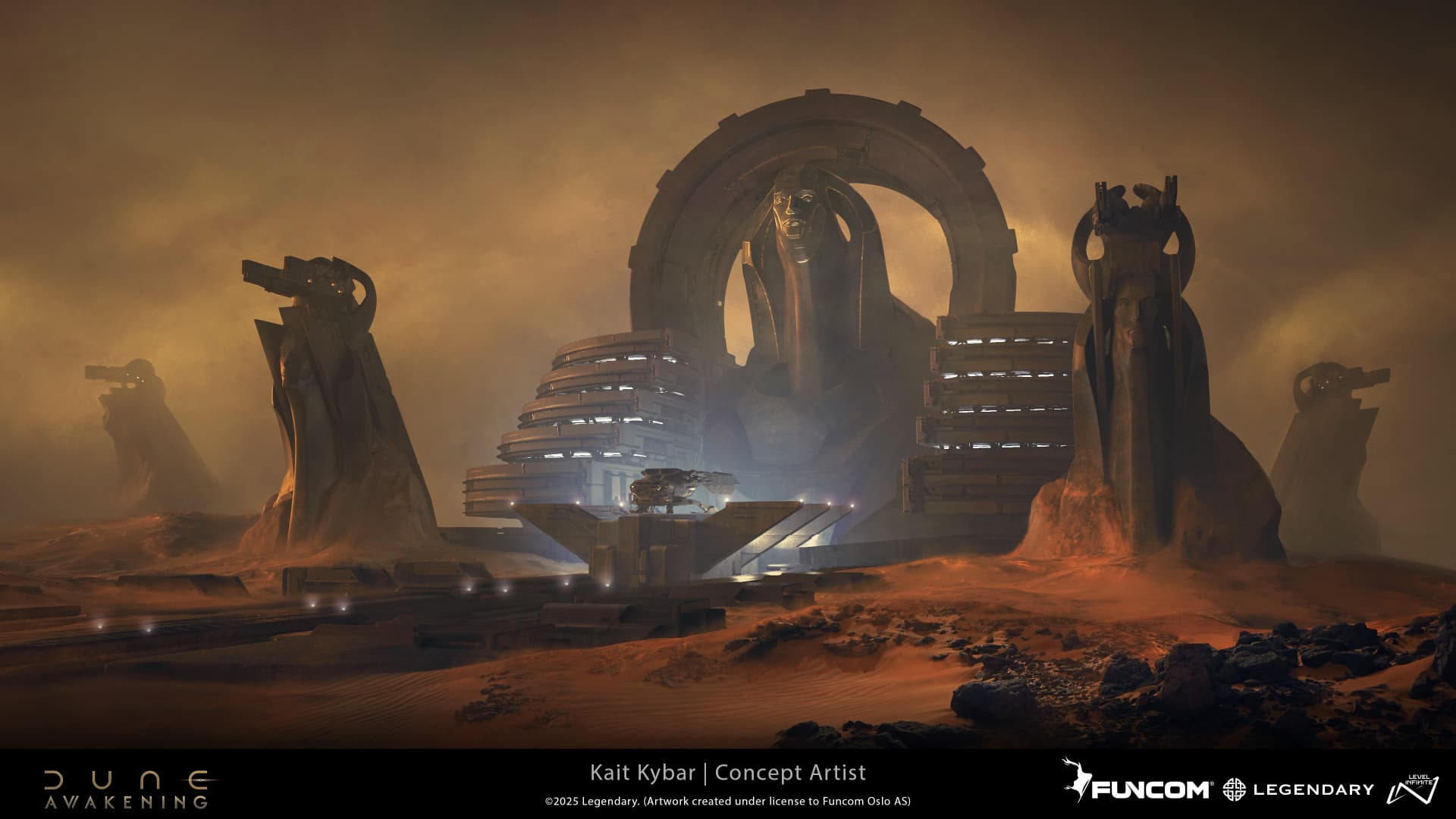 A symmetrical fortress with a giant crowned effigy inside a massive circular arch, flanked by guardian statues in a sandstorm