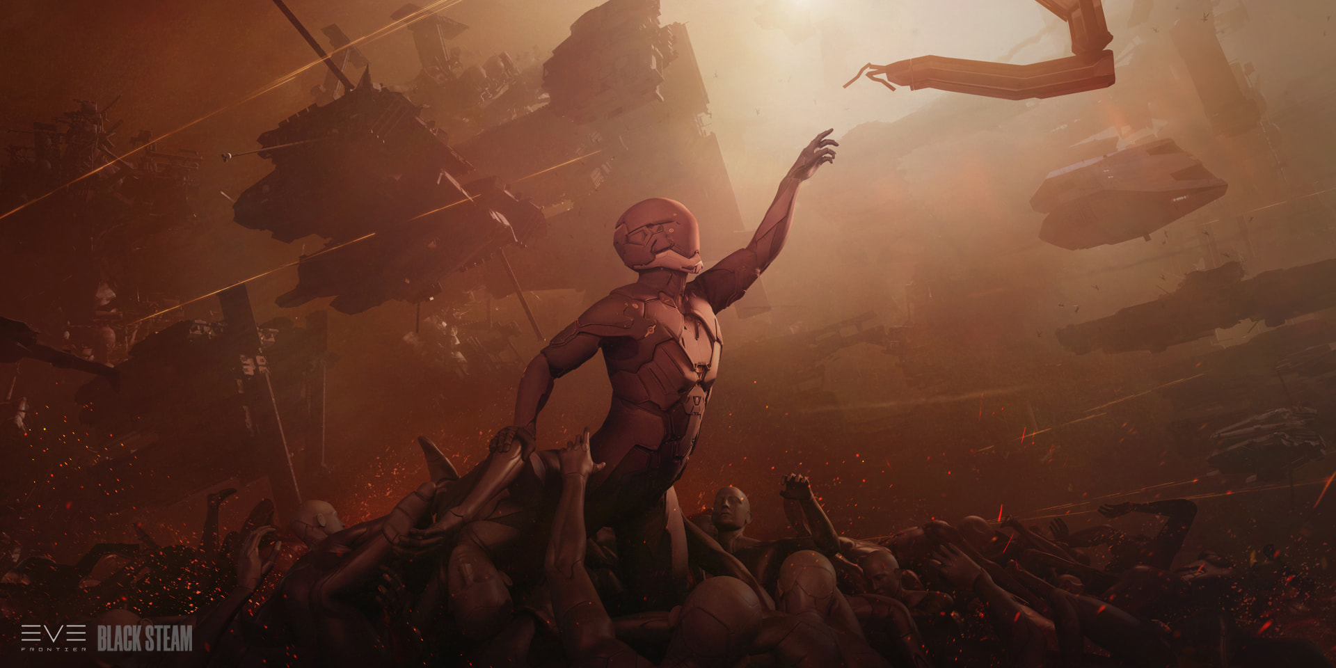 An armored figure reaching upward from a mass of fallen bodies in a burning orange sky