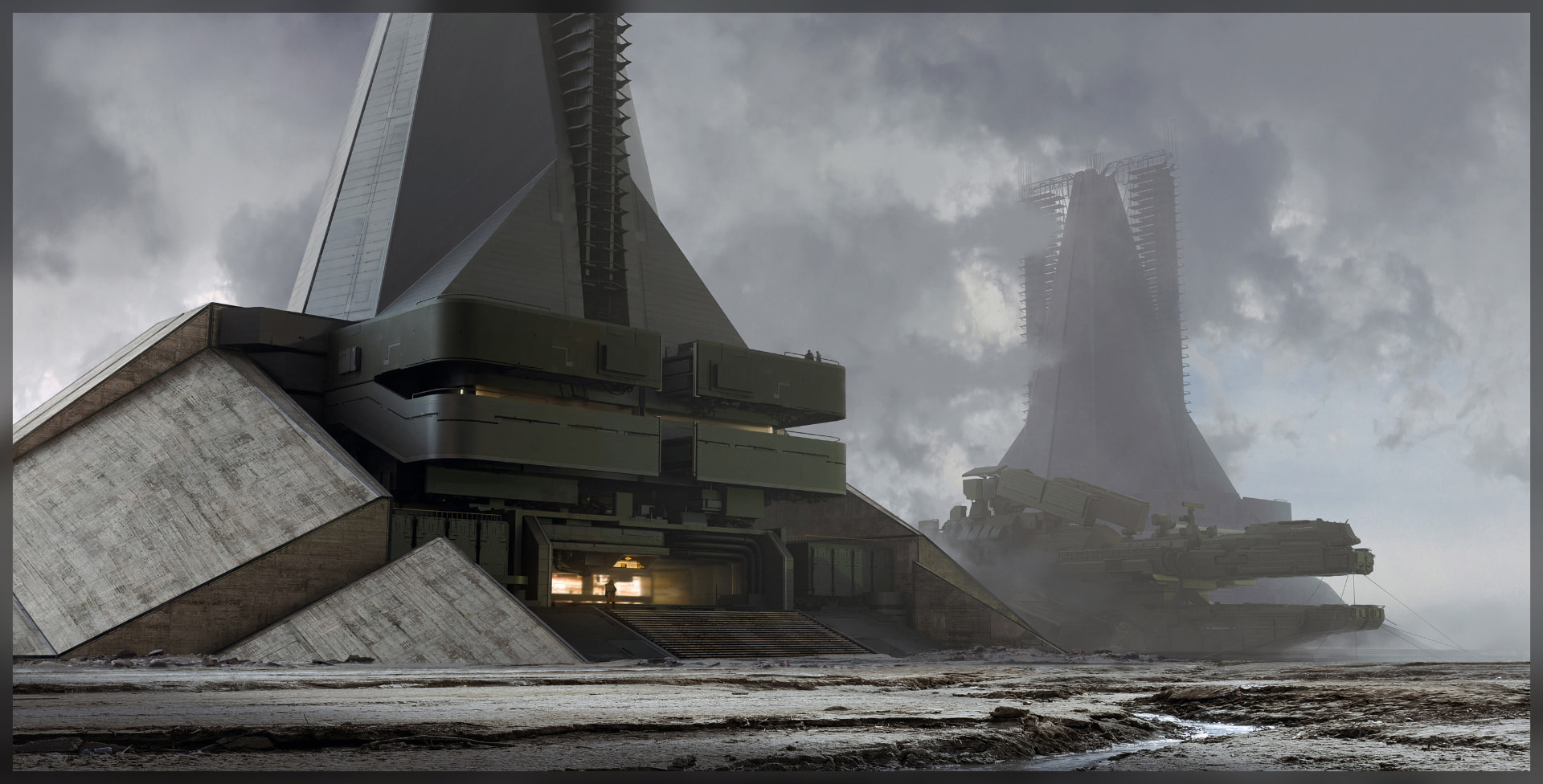A towering pyramid structure with an illuminated hangar entrance on a muddy plain