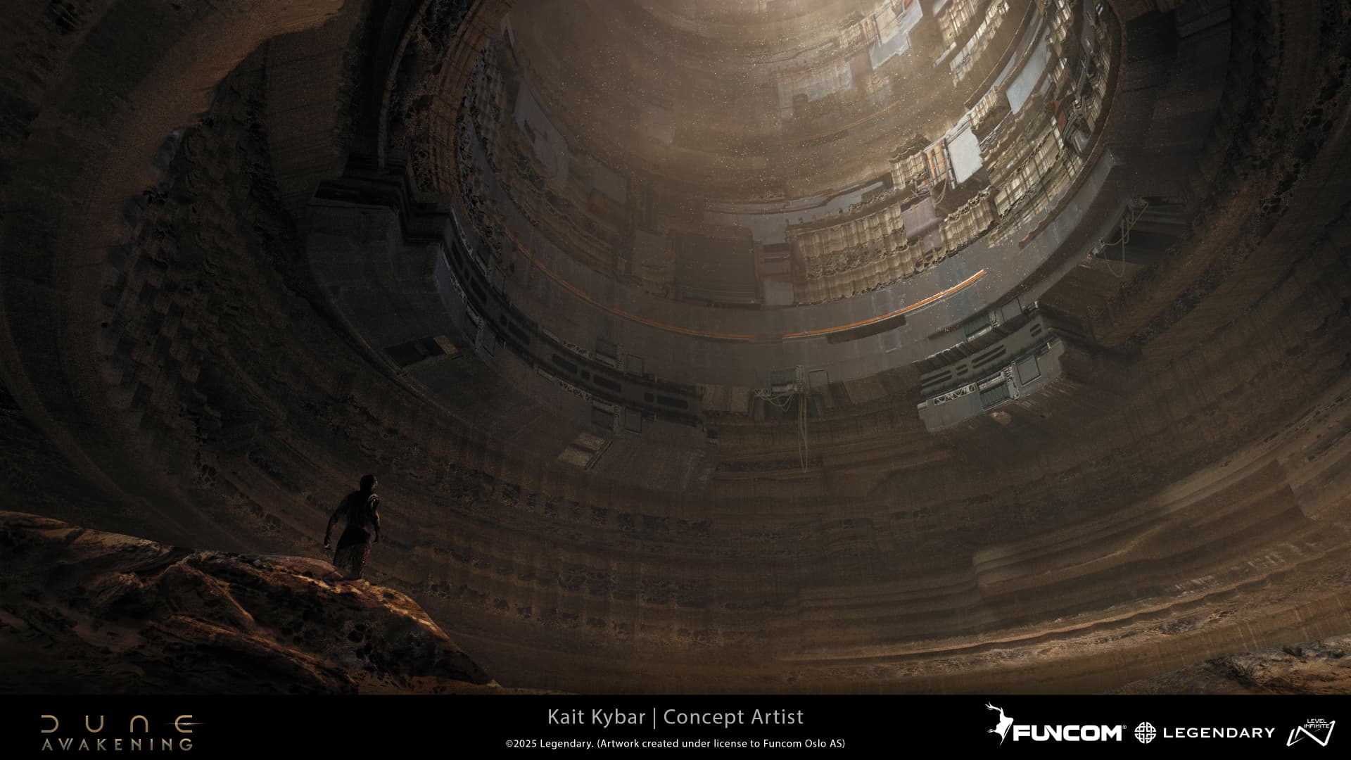 A lone figure on a rocky precipice looking up into a colossal cylindrical silo lined with tiered terraces