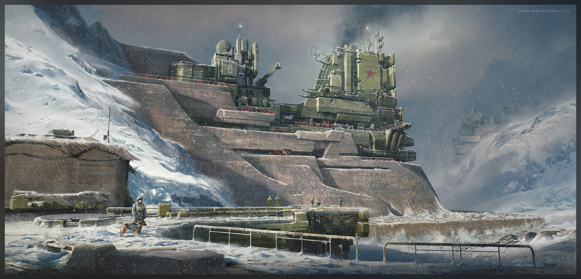 A military fortification with communications equipment and a red star insignia built into a snowy mountain, with personnel and a dog on a platform