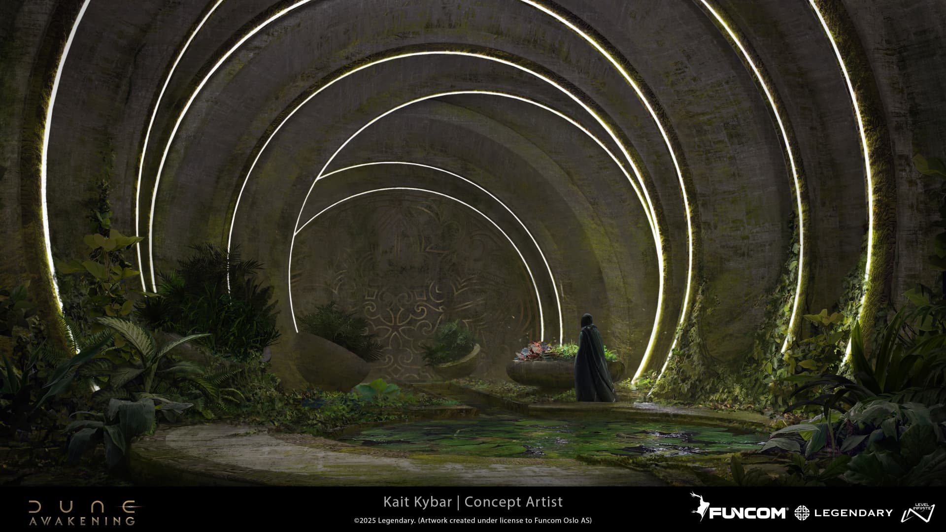 A cloaked figure in a subterranean cavern garden framed by concentric concrete arches with glowing light strips