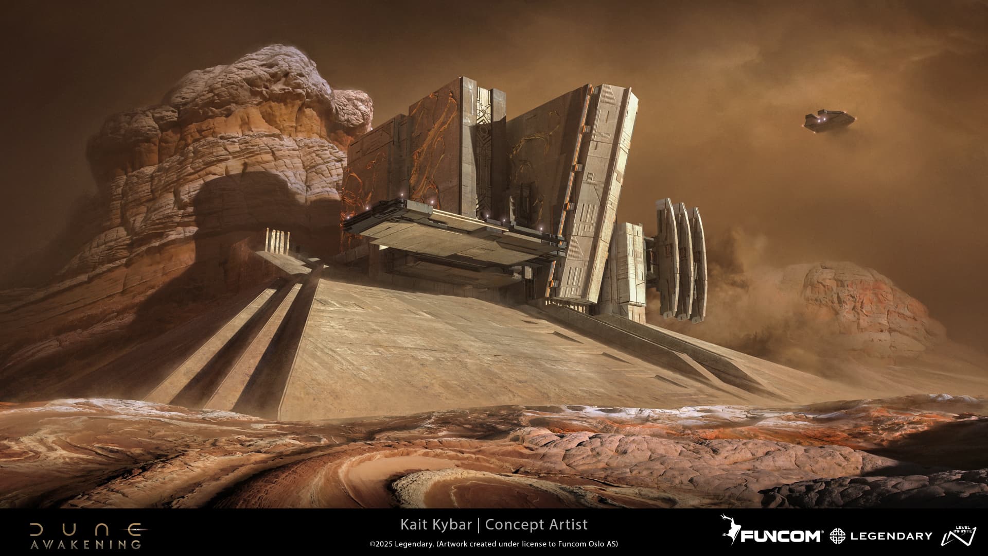 A monolithic complex built into red-rock sandstone buttes with a distant aerial shuttle approaching its platform