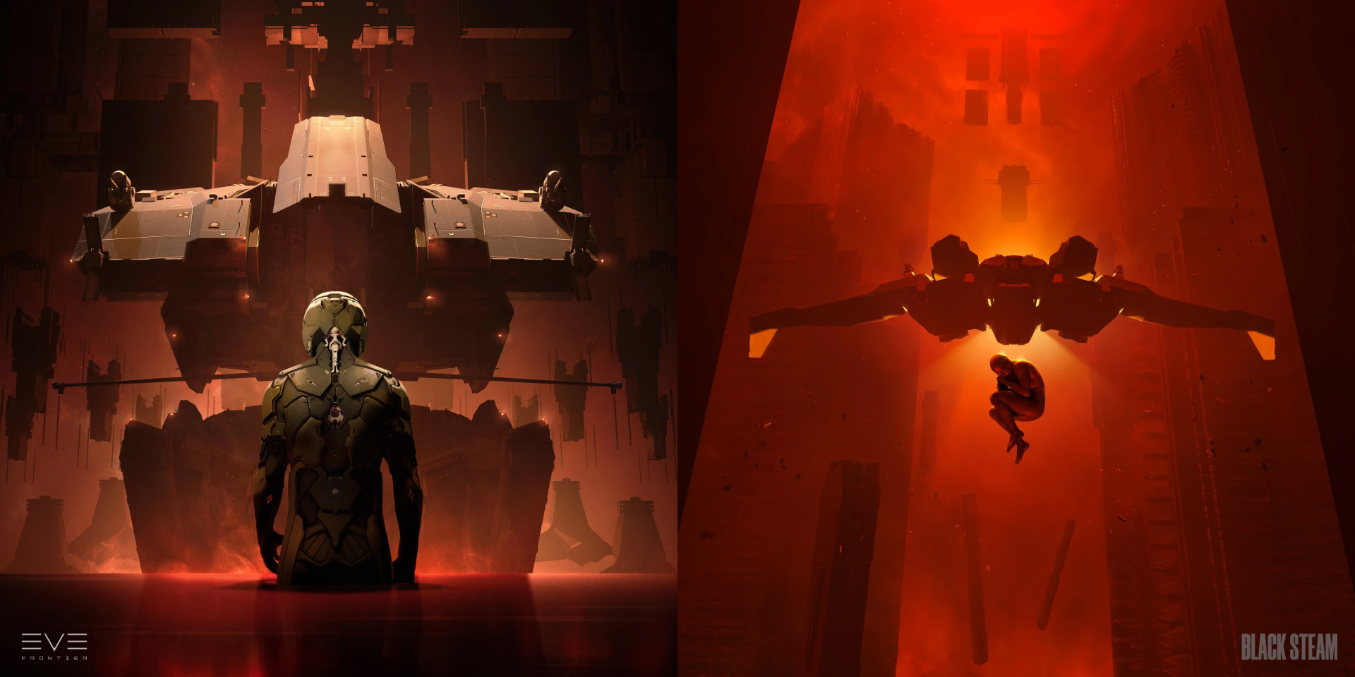 A suited figure facing a spacecraft in a red chamber, beside a figure floating through a glowing red shaft