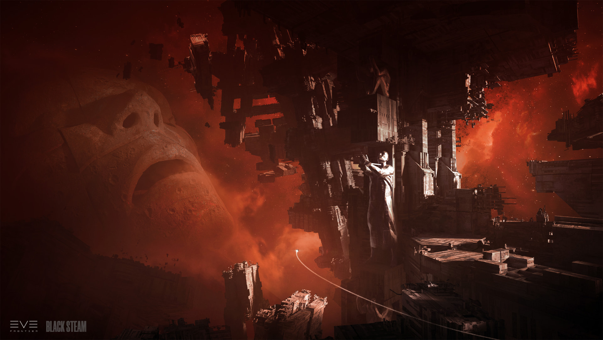A colossal carved face beside ruined megastructures in a deep red nebula