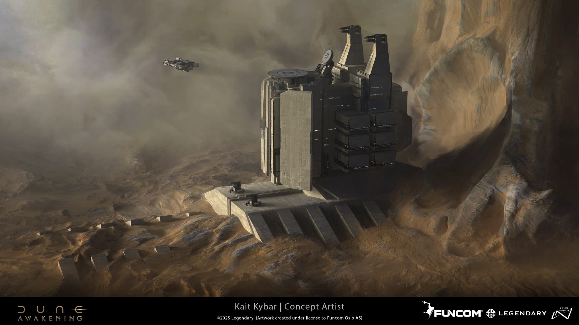 A fortified complex with twin comm towers, gun mounts, and a landing pad overlooking a hazy desert canyon
