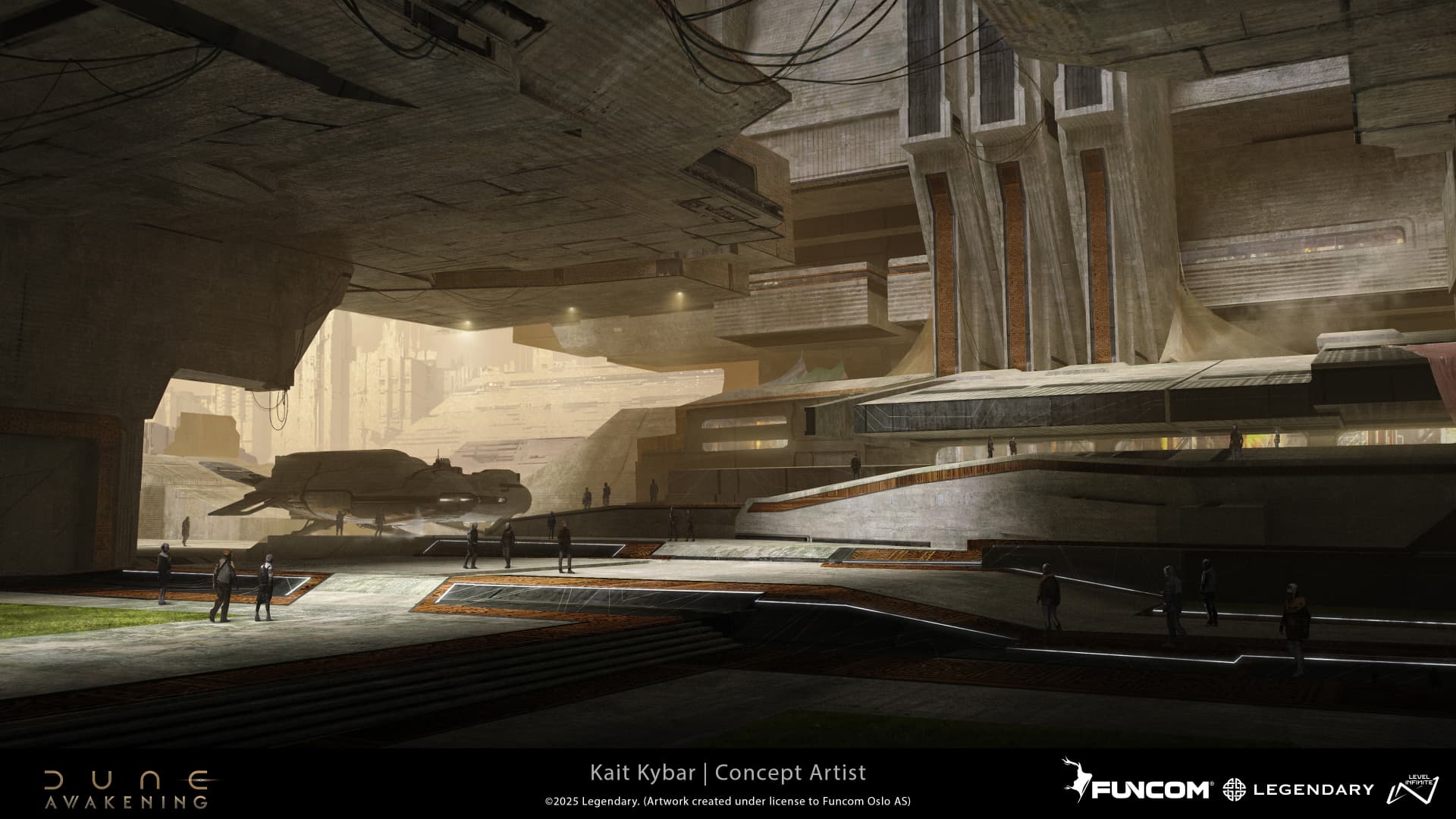 A covered plaza beneath vast concrete structures with a distant spacecraft landing