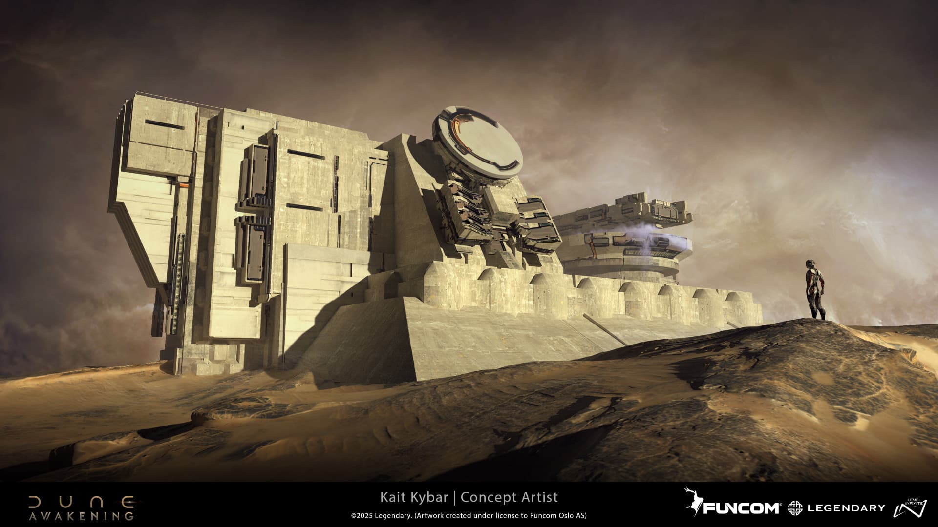 A solitary figure on a sandy ridge observing a colossal fortress with an angled radar dish under a stormy sky