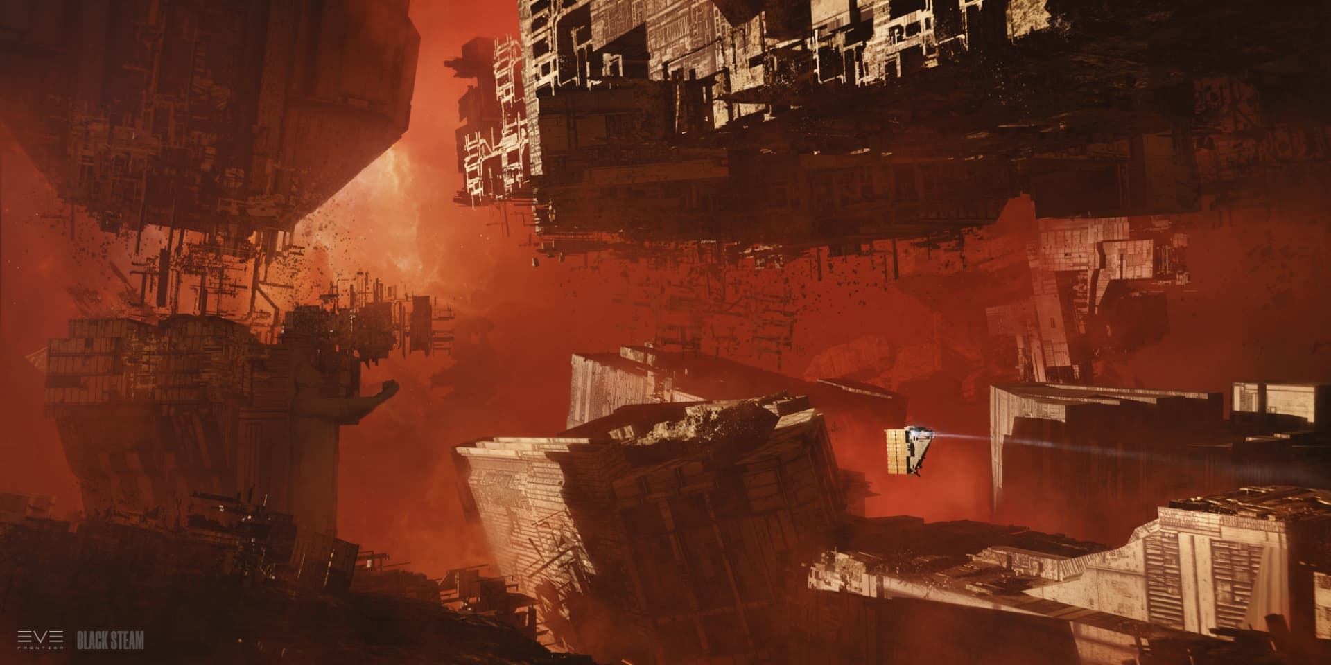 Broken megastructures suspended in a red-orange void