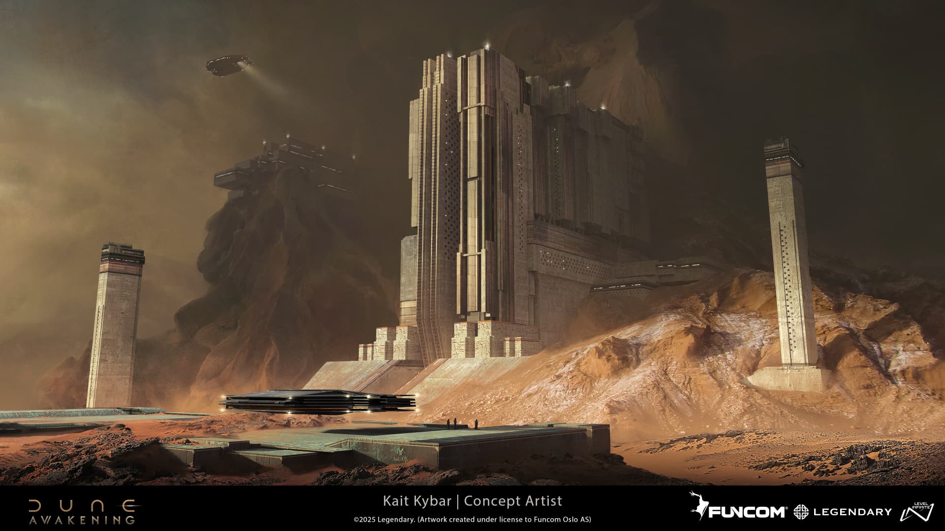 A colossal fortress complex with tall towers and hovering craft above rocky desert dunes