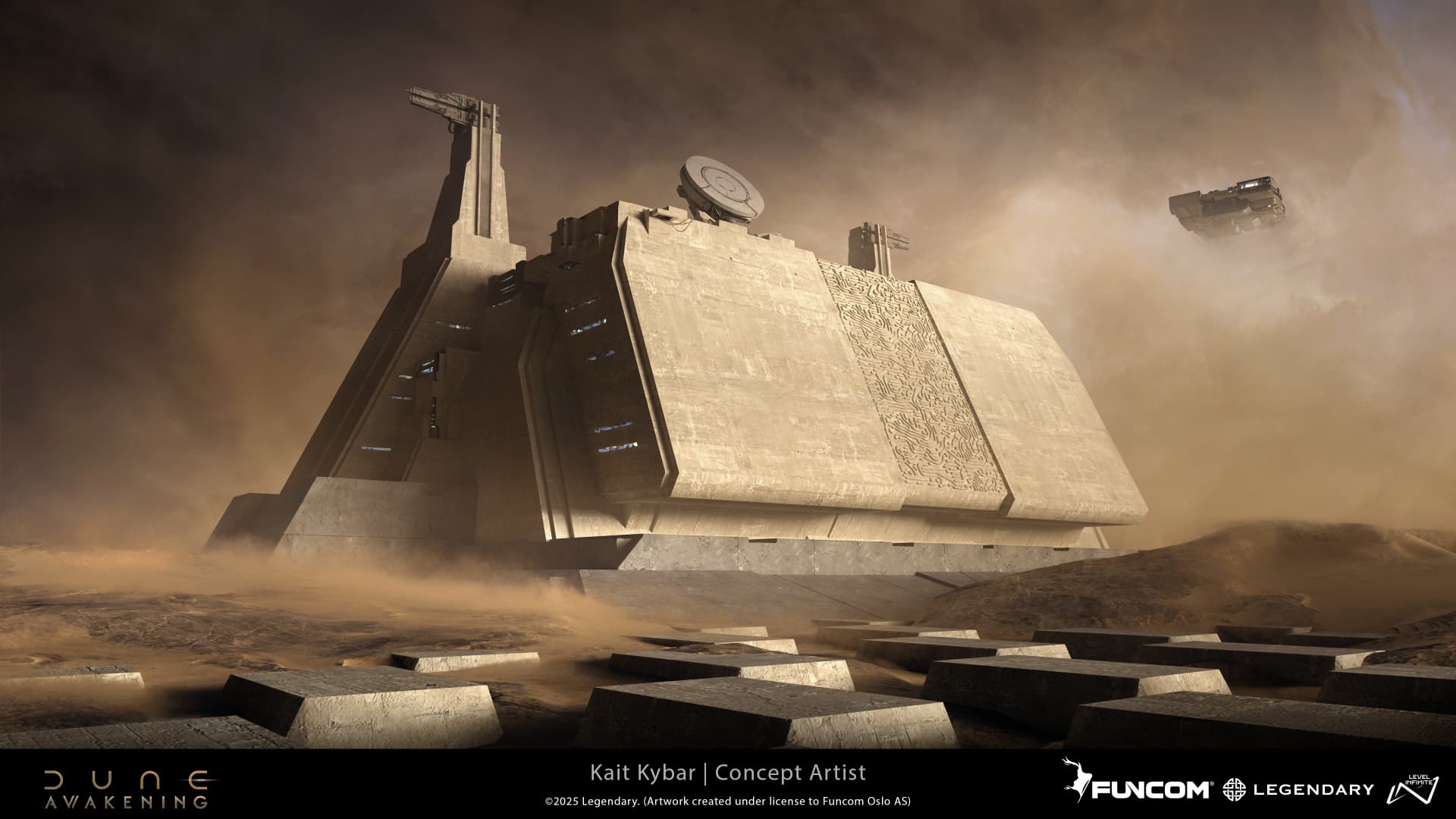 A colossal fortified structure carved with geometric reliefs beneath a hovering vessel in swirling dust