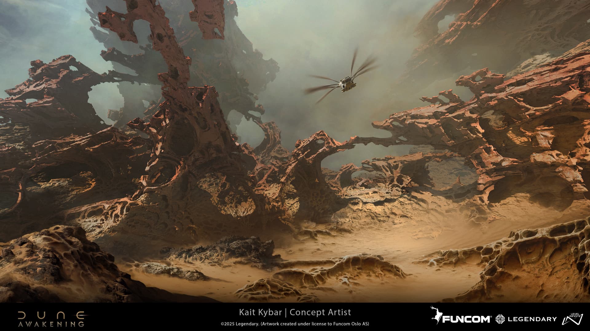 An ornithopter flying through a deep gorge of skeletal rock spires in warm dusty light
