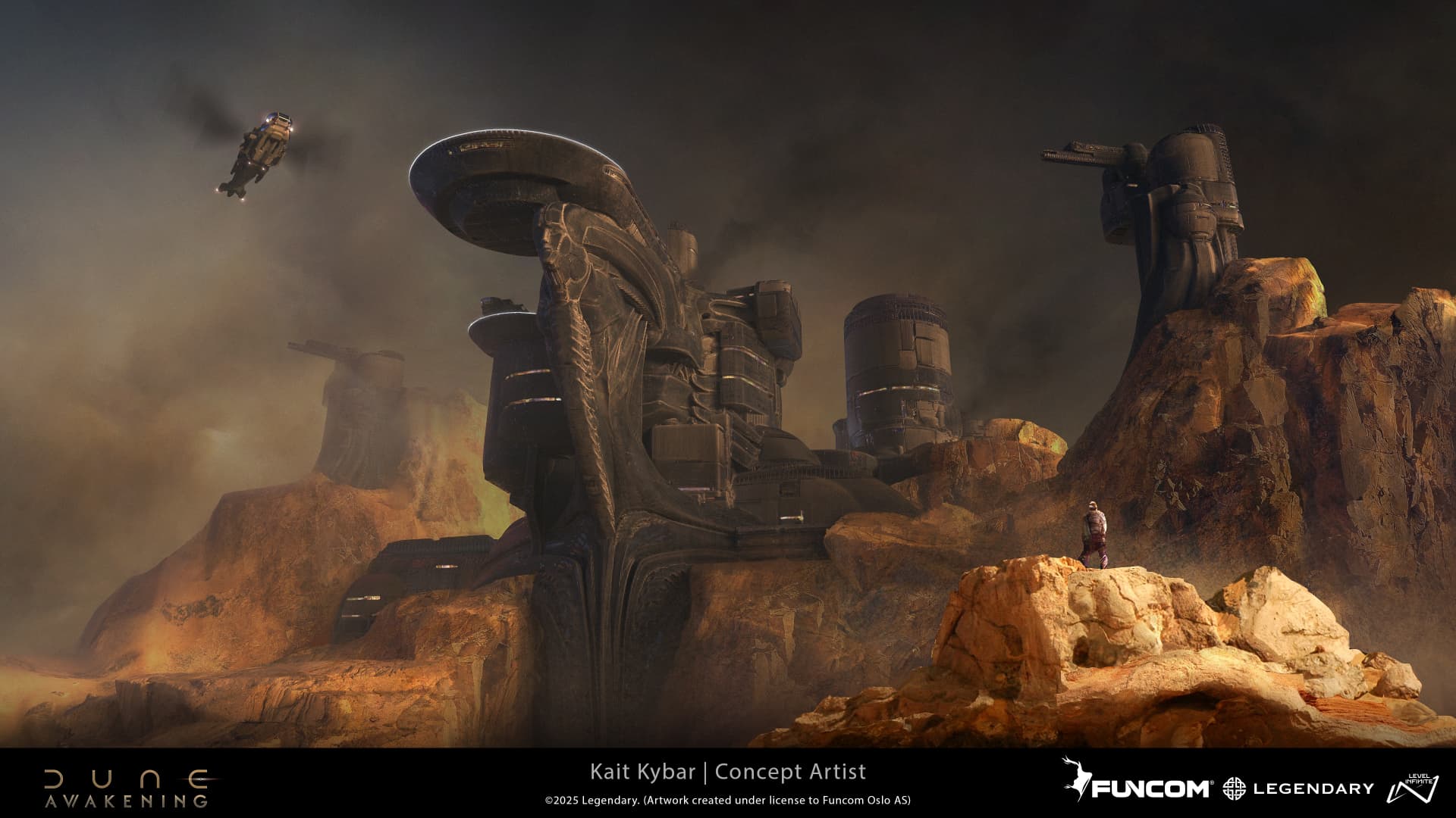 A lone figure on a sunlit crag looking toward a brutalist fortress with defense turrets as an ornithopter approaches