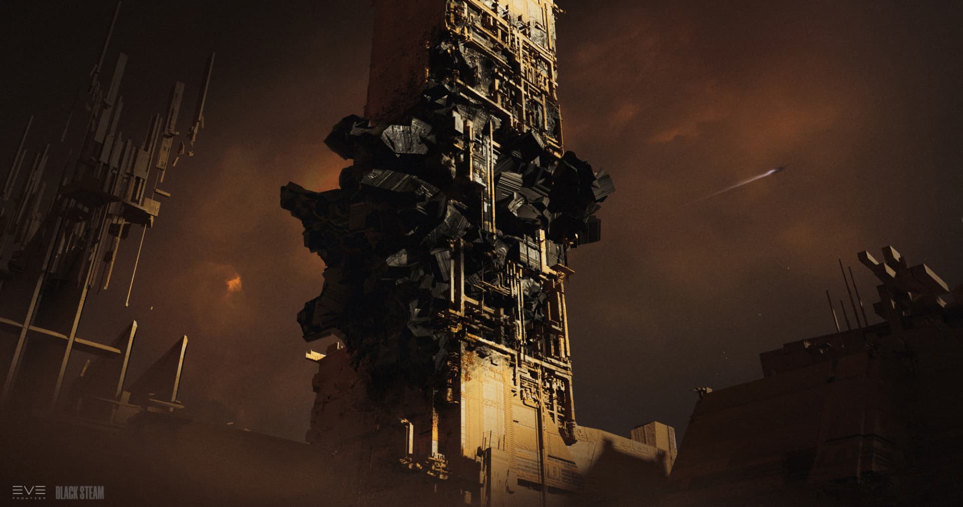 A crumbling megastructure column layered with golden machinery against a dark sky