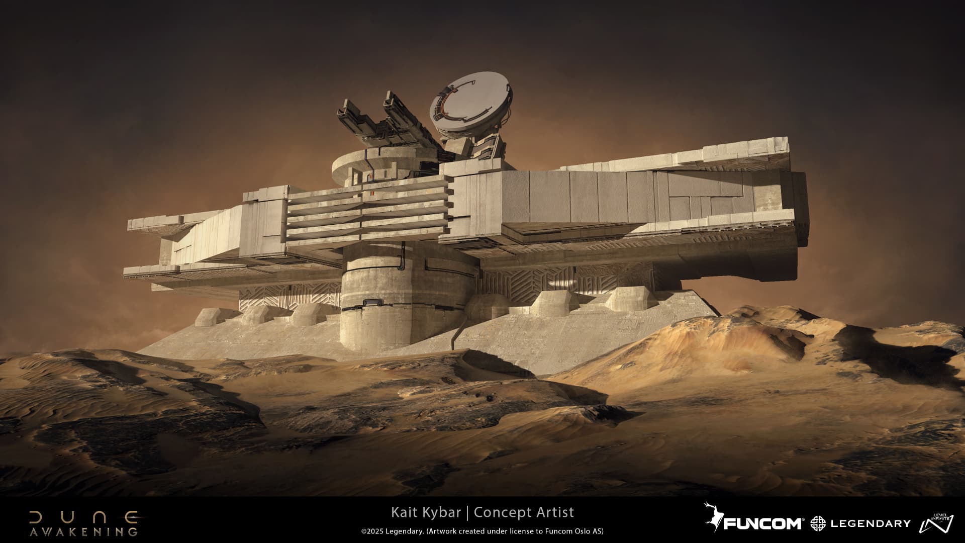 A symmetrical installation topped with a large communications dish resting on a sloped foundation among rolling dunes
