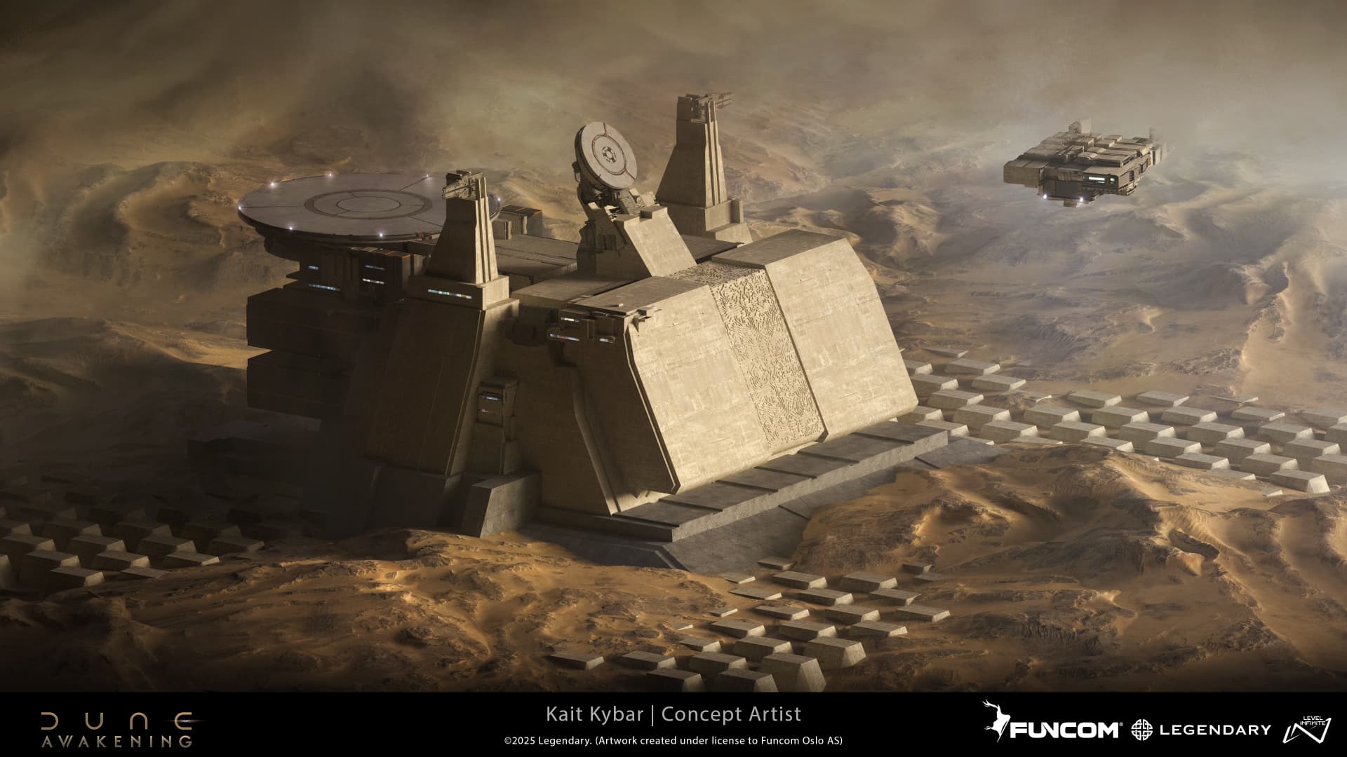A massive fortress with a circular landing pad, turrets, and a radar dish under warm dusty sunlight