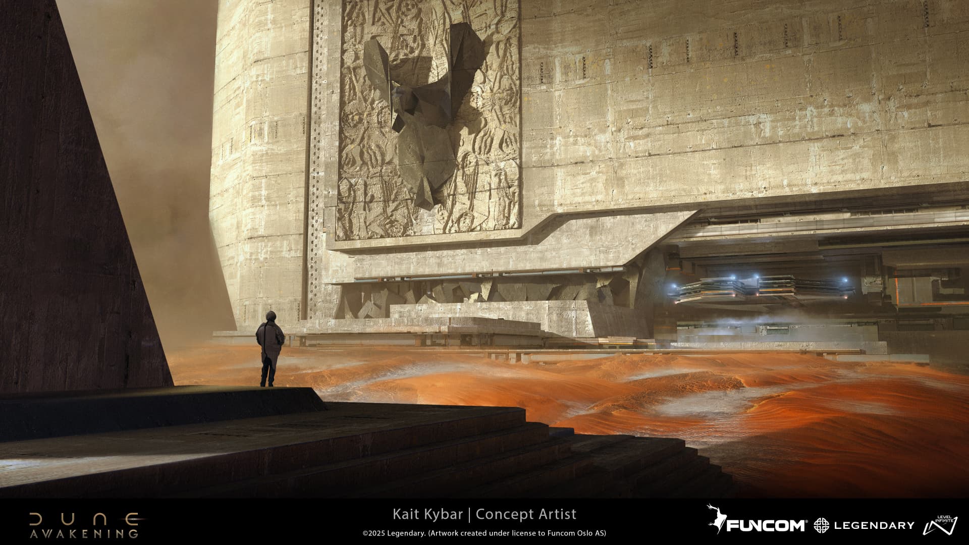 A hooded figure on stone steps facing a monumental carved wall as a hover craft enters a hangar