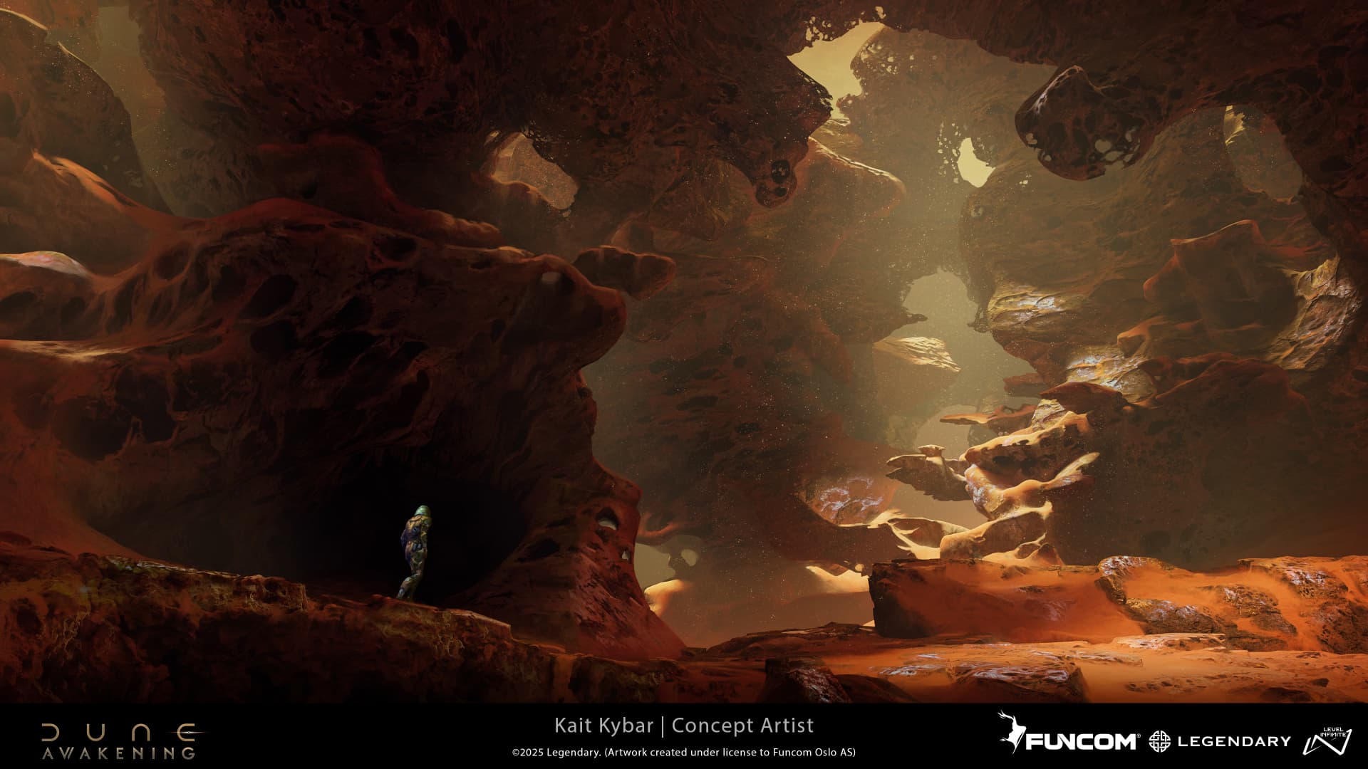 A lone suited figure on a ledge inside a cavernous rock chamber lit by golden light from above