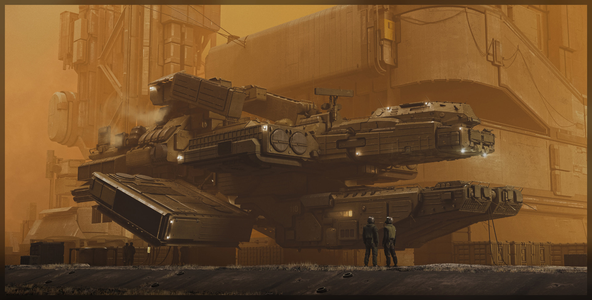 A hovering armored transport docked beneath a vast rust-orange industrial structure