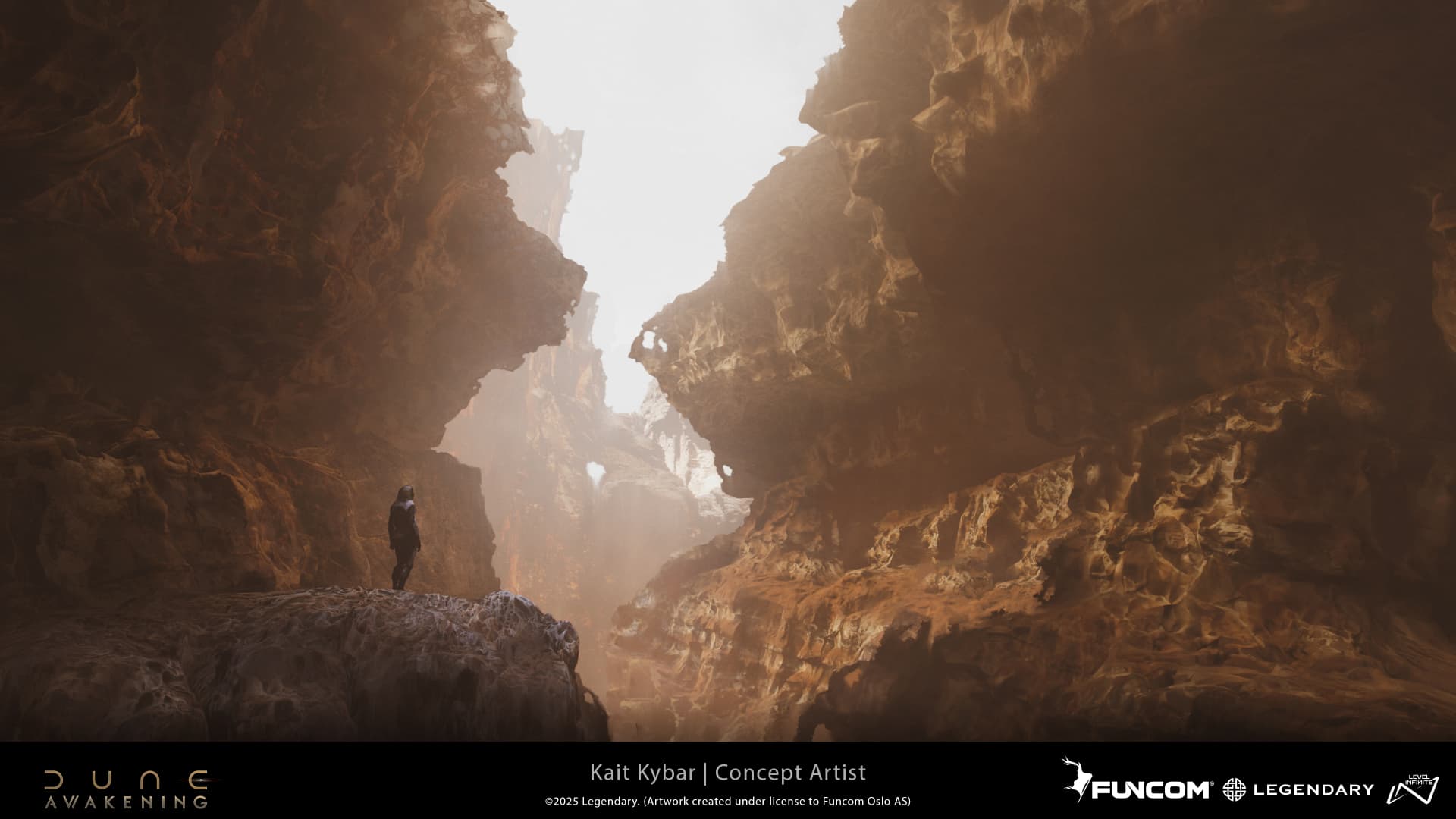 A figure in a stillsuit standing on a ledge inside a gorge framed by porous rock cliffs