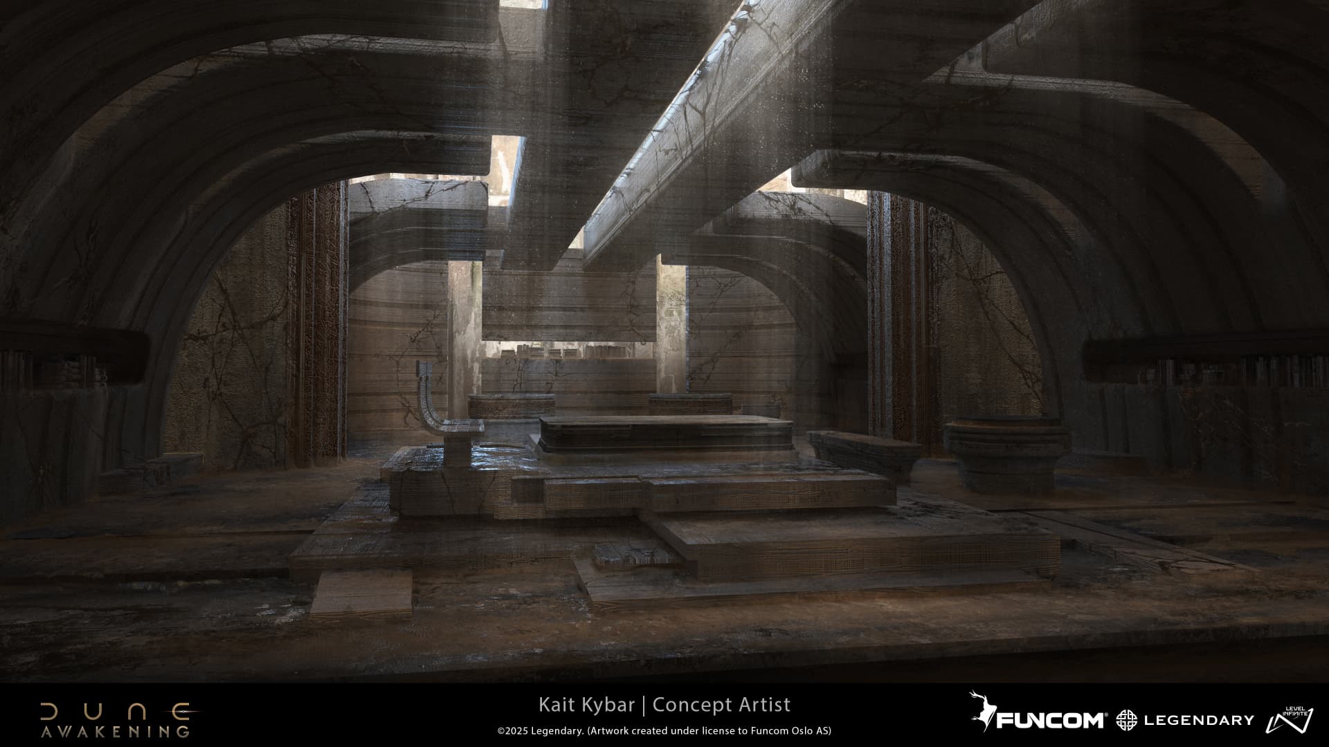 An austere chamber with shallow water, heavy concrete arches, and a stepped stone altar lit by shafts of sunlight