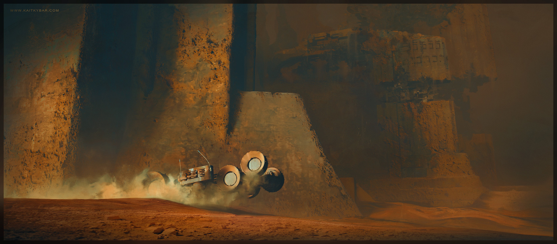 A hover vehicle kicking up dust as it crosses a sandy canyon floor flanked by massive rock structures in warm orange light