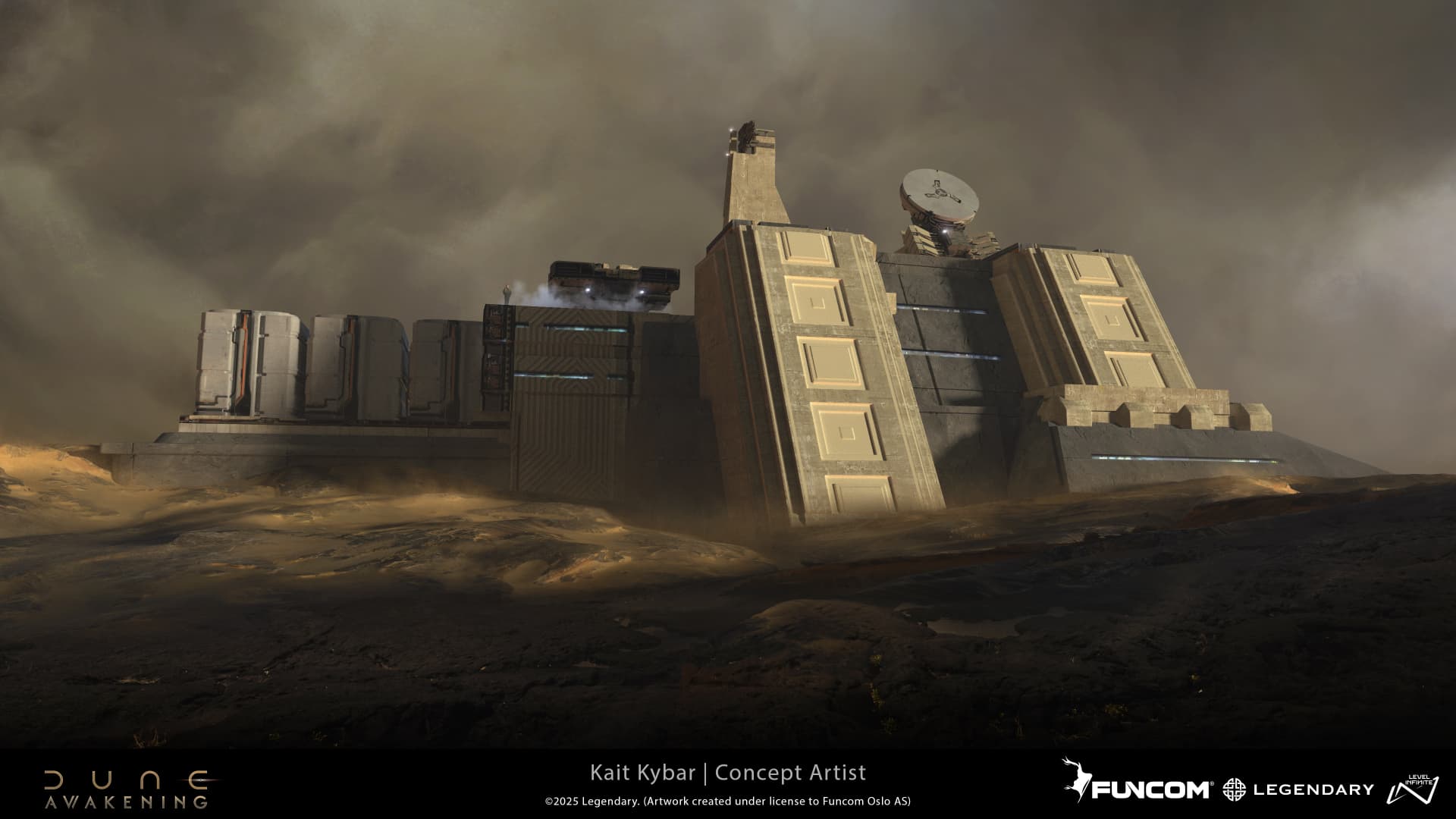 A fortified facility of storage tanks and sloped bastions with a tiny figure beneath a hovering craft