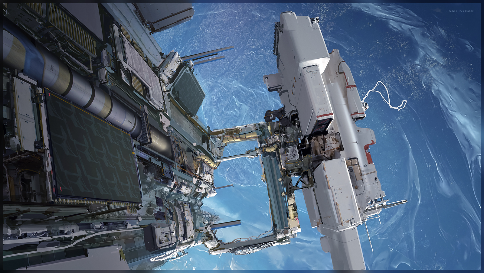 A white modular spacecraft docked to an orbital structure, lit by direct sunlight above Earth's blue ocean and cloud cover