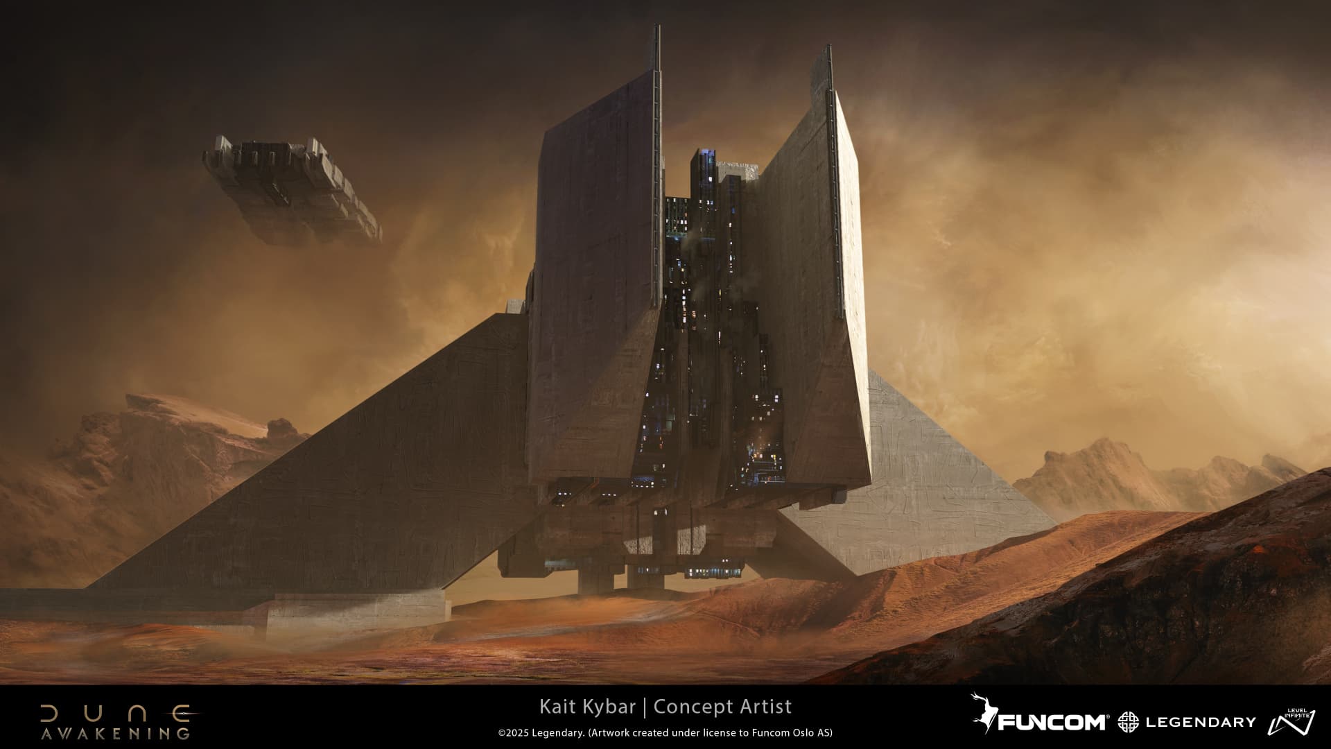 A colossal fortress flanked by triangular buttresses dwarfed by a hovering carrier ship in a bronze-lit canyon