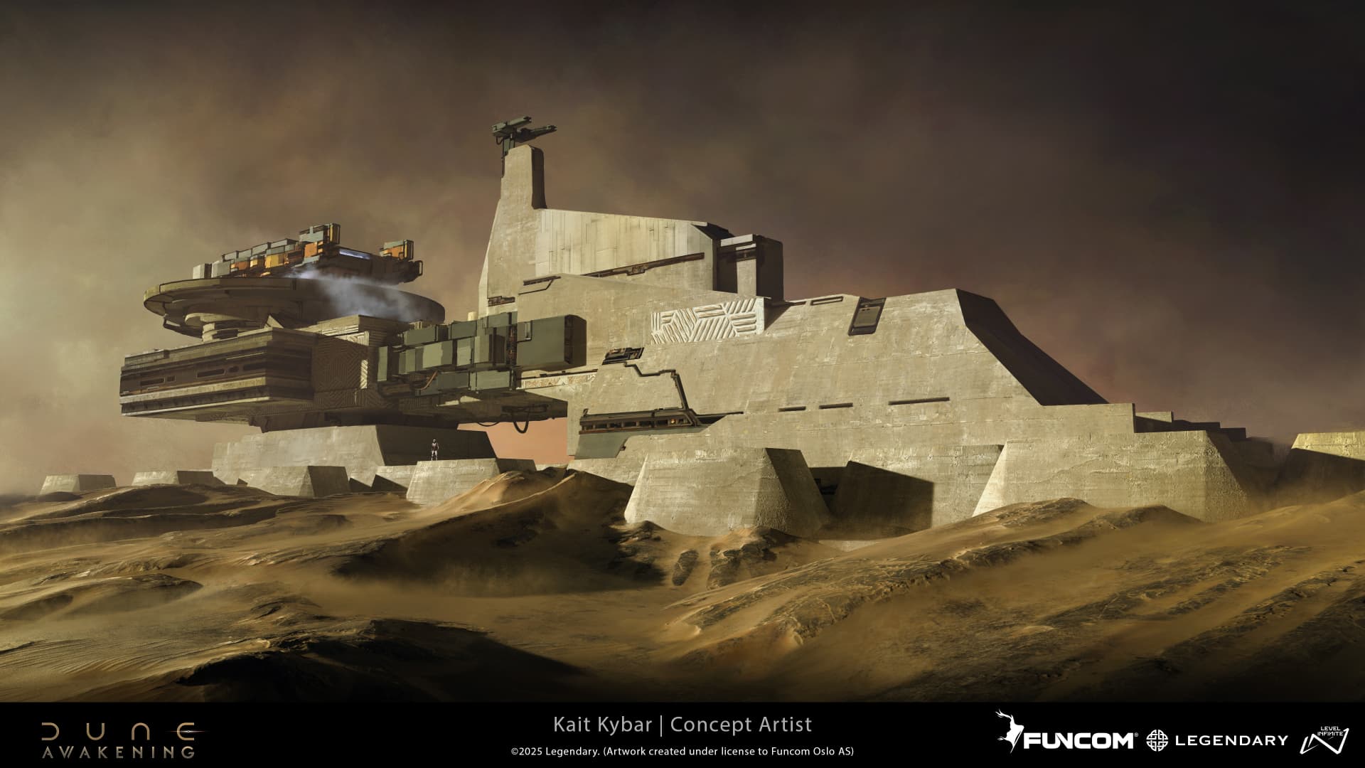 A brutalist outpost with a tiered landing pad and a tiny suited figure near its base on golden dunes