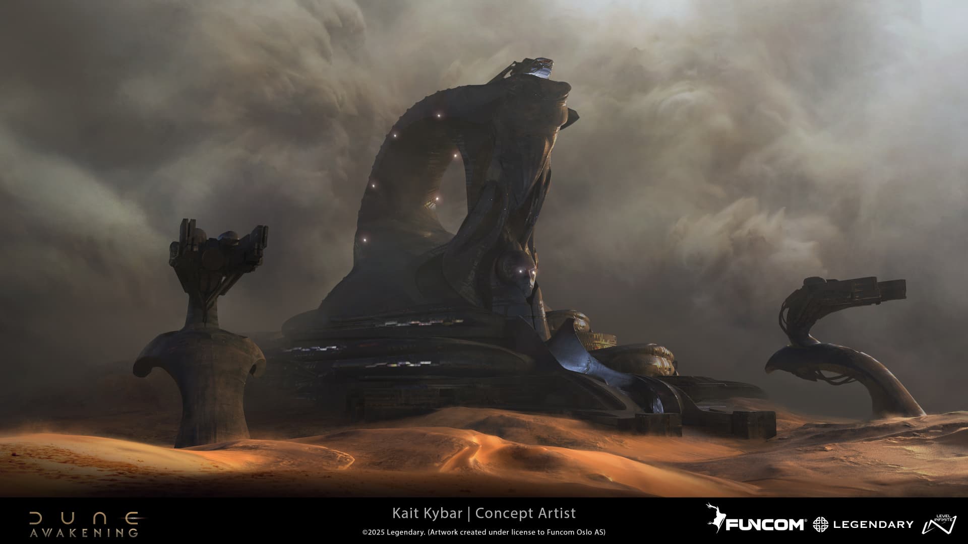 A colossal arching fortress flanked by two watchtowers rising above dunes beneath a heavy sandstorm