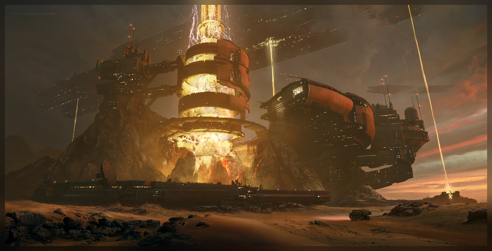 A massive mountain-mounted facility housing a central cylinder crackling with bright electrical energy, surrounded by docked spacecraft and a ground rover in rocky desert light