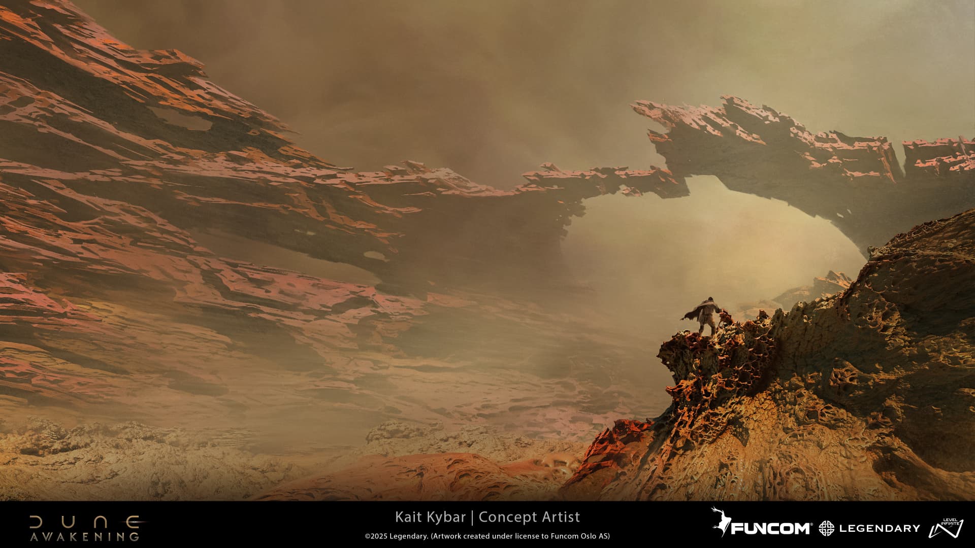 A traveler on a jagged precipice overlooking a canyon framed by eroded natural rock arches
