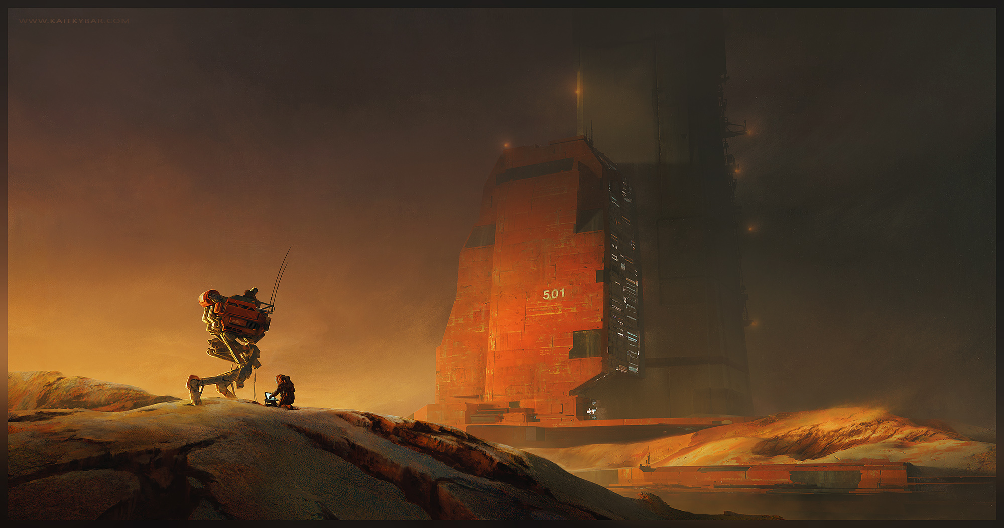 A kneeling person and a bipedal mechanical walker on a rocky ridge facing blocky industrial towers marked 501 in low warm orange light