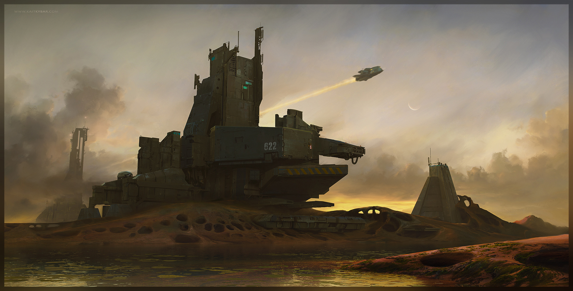 A flying craft ascending above a tall modular fortress labeled 622 on a perforated rocky shoreline beside water at golden sunset under a crescent moon
