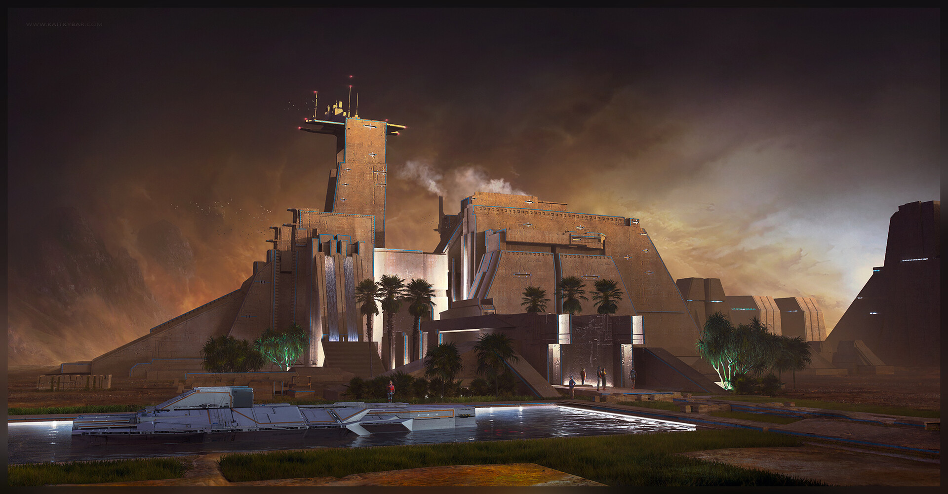 A monumental stepped pyramid-like building with waterfalls and palm trees overlooking a water basin holding a futuristic boat, lit by low warm sunlight and blue accent lights under stormy clouds