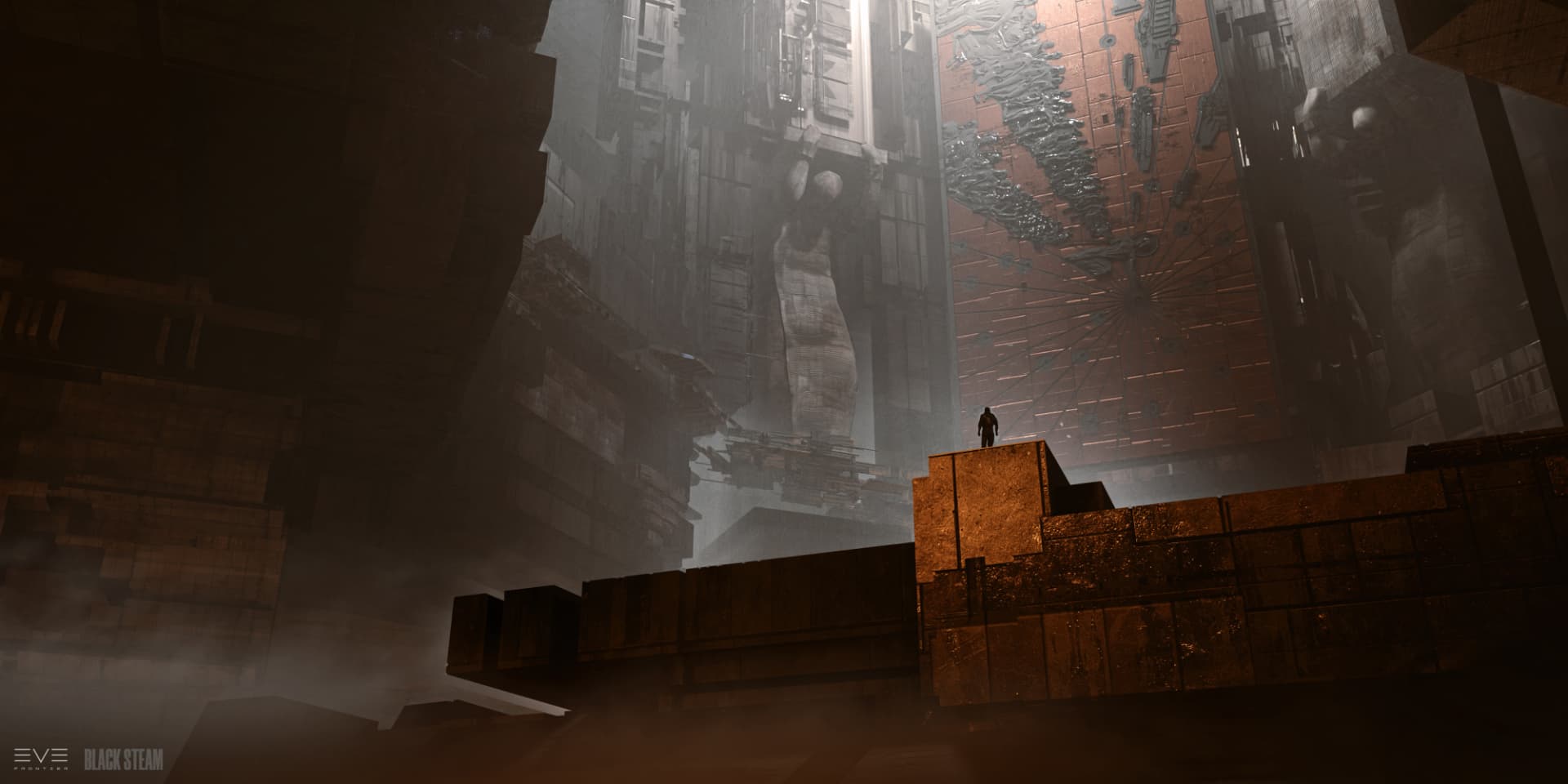 A lone figure overlooking an immense megastructure cavern