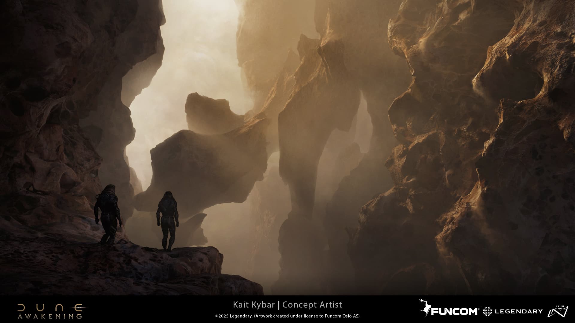 Two figures on a ledge above a deep canyon filled with jagged rock spires in dusty haze