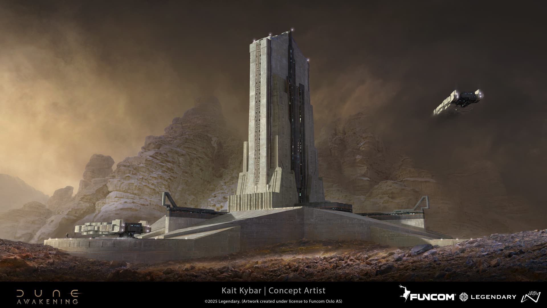 A towering vertical citadel in a desert canyon with a lone figure and parked transport vessels